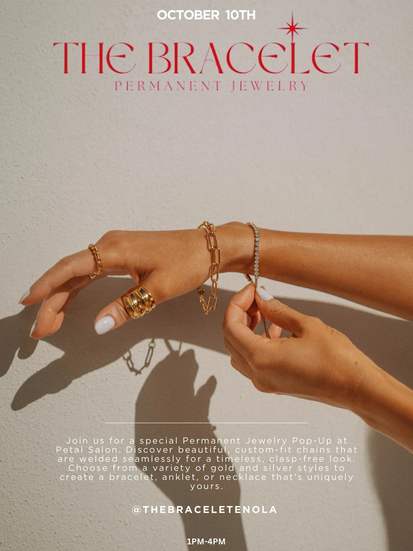 💫 Get linked for life! 💫
We&rsquo;re hosting a Permanent Jewelry Pop-Up on Friday, October 10, 1&ndash;4 PM.
Grab your bestie and come sparkle with us &mdash; walk-ins welcome!