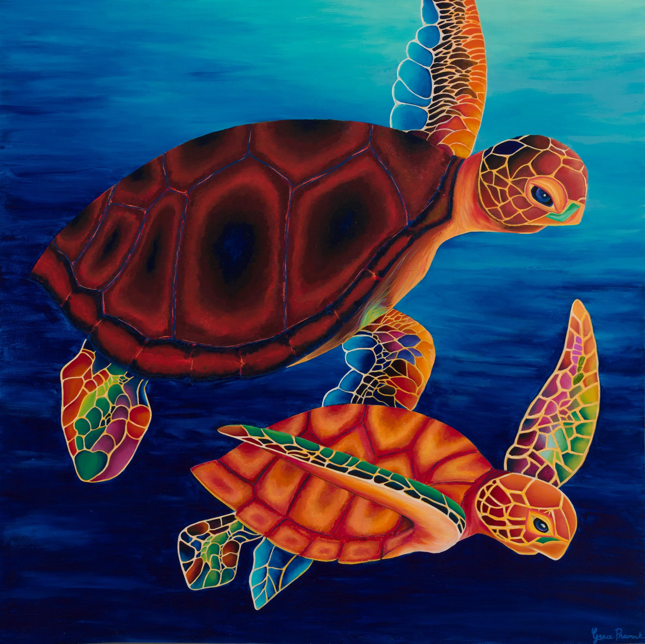 Rainbow Turtles, 
48 x 48 inches,
Acrylic on Wood,
May 2020