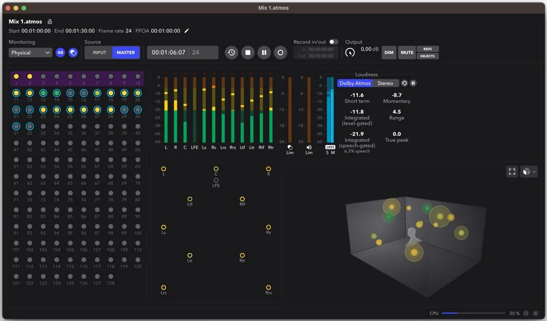 Interfaccia software mixaggio audio Dolby Atmos con grafici e controlli.