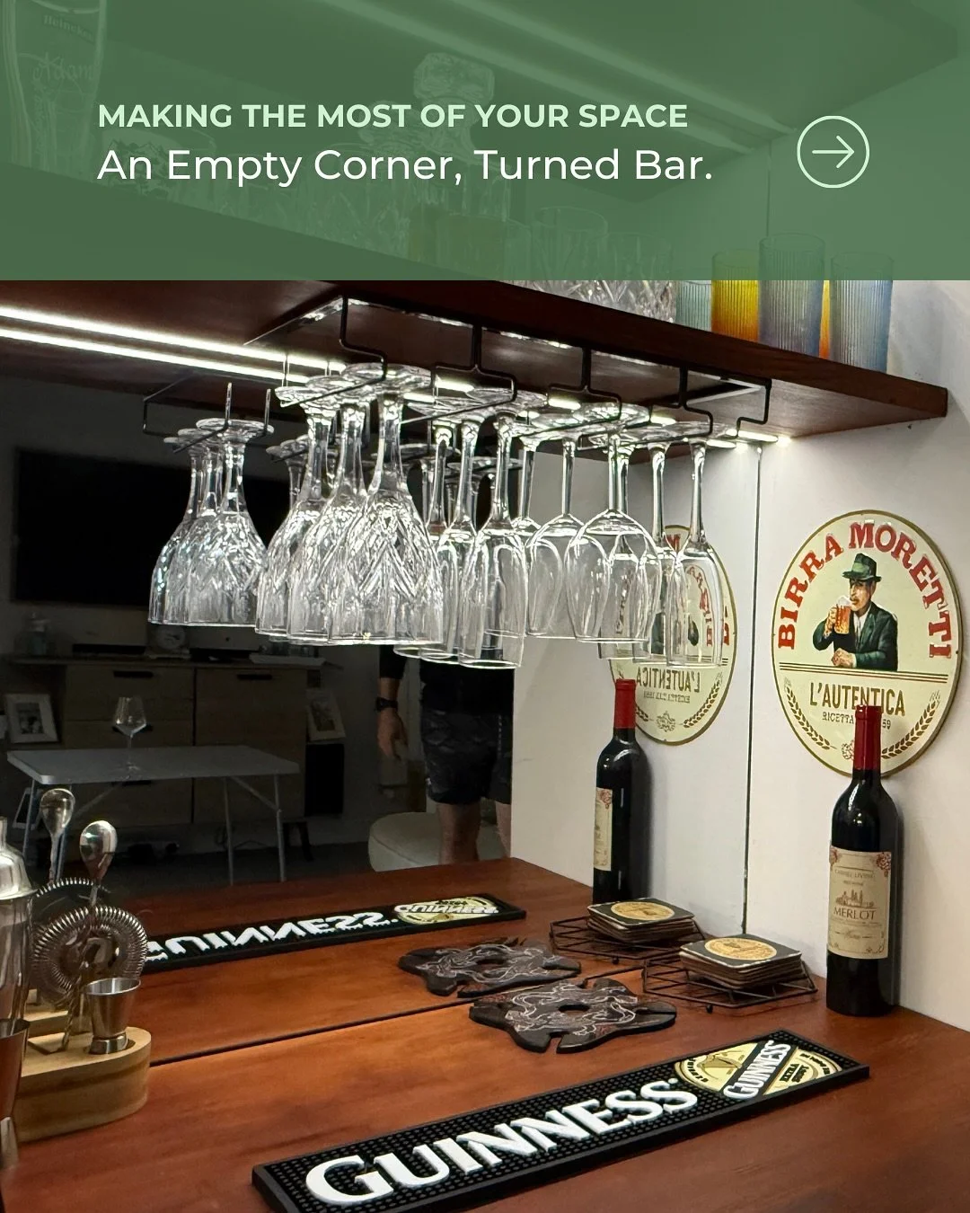 Thirsty work... but worth it. 🍺 Swipe to see the fully stocked bar. 👉

The client didn&rsquo;t need more storage, they wanted to make the most of an awkward corner. So we built a custom bar that fits both their home and their hosting style.

Solid 