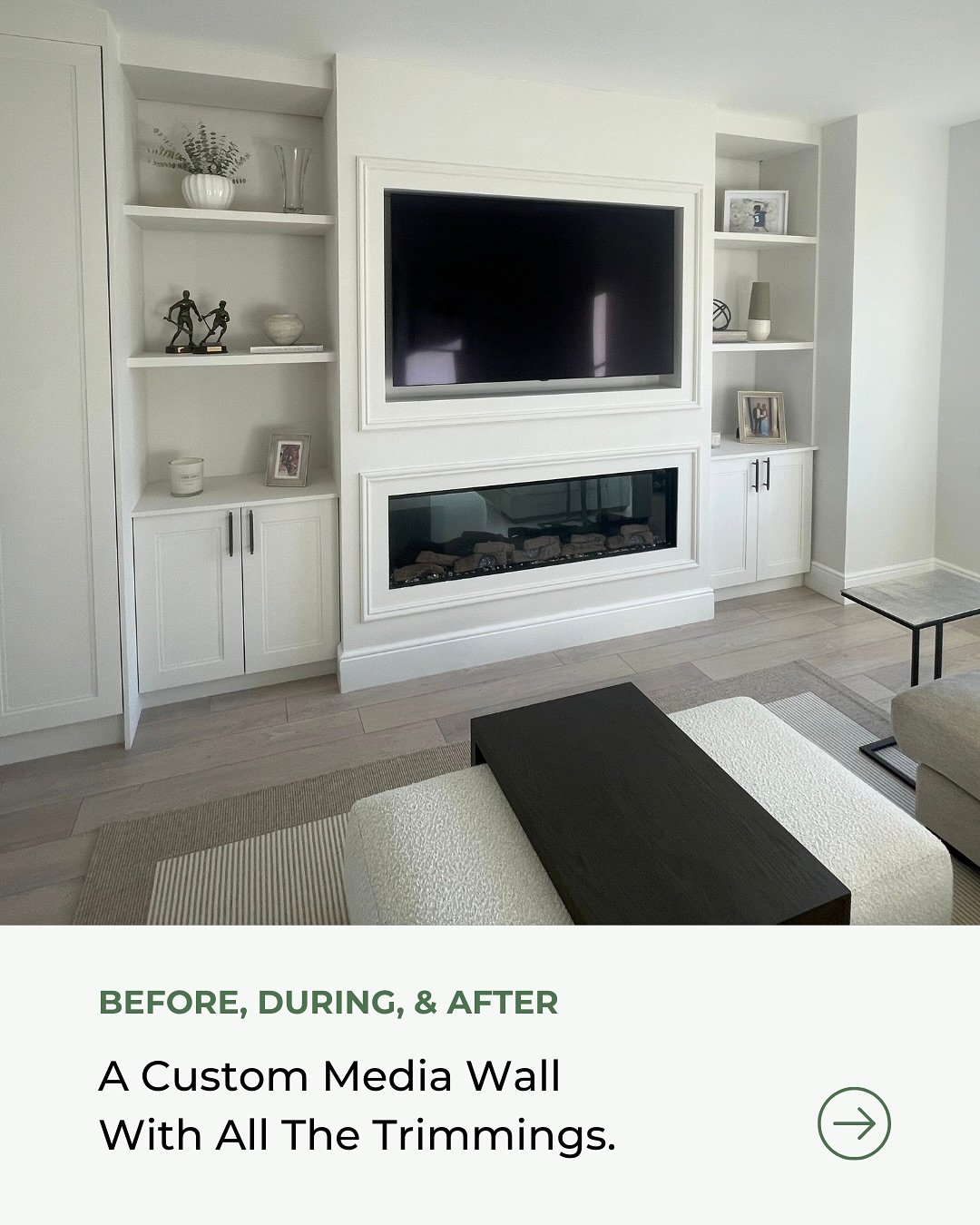 No more wires on show. No stacks of devices. No clutter. Just one wall that does it all, and even has space for your favourite reds 🍷 .

The details: 
- 65&rdquo; recessed TV + 1500mm eco fire
- Hidden storage for every cable &amp; device (no playst