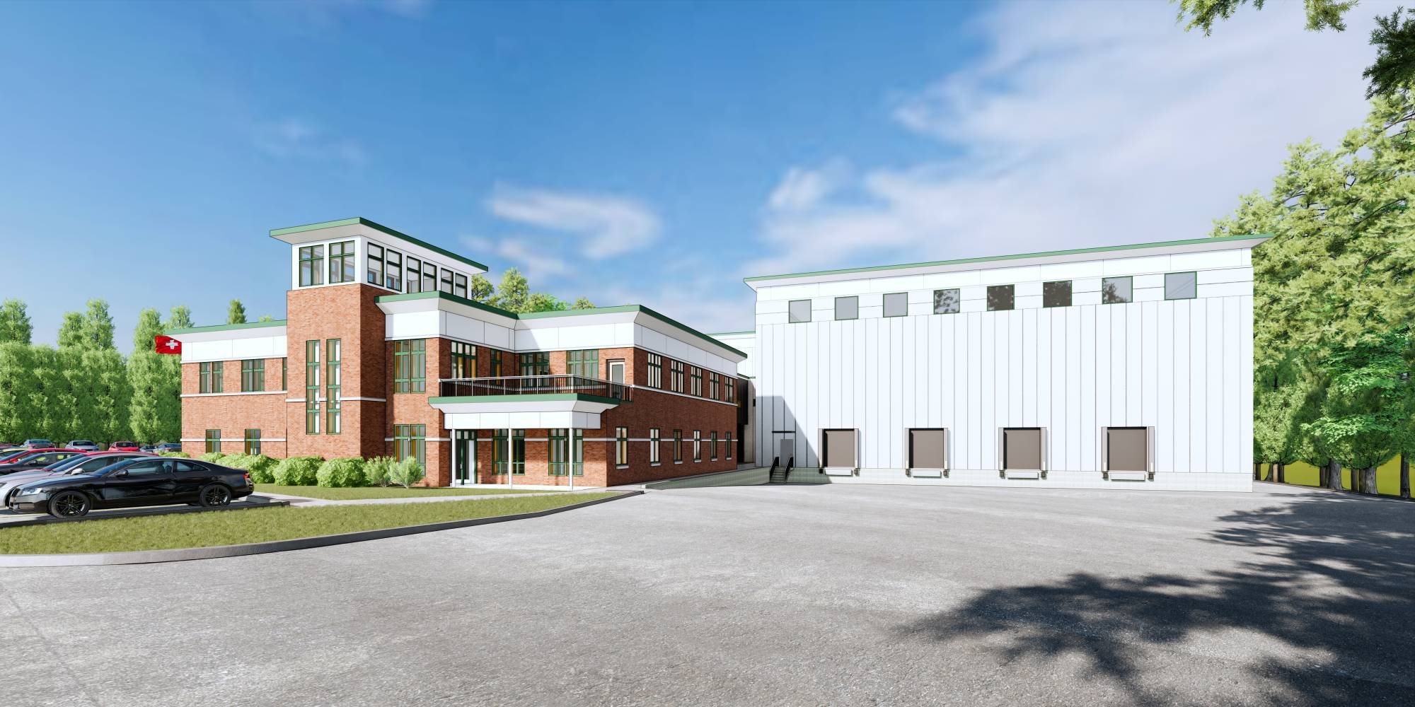 Conceptual 3D rendering of a proposed commercial warehouse expansion featuring a modern white metal-paneled warehouse addition with multiple loading dock bays seamlessly integrated with an existing red brick three-story office building, expansive pav