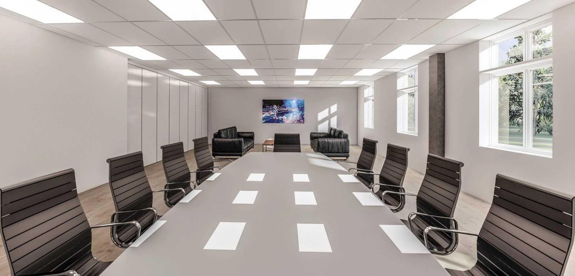 Modern corporate boardroom featuring a long custom conference table with integrated cable management, ergonomic black leather executive chairs, recessed LED ceiling lighting, wall-mounted display screens for hybrid meetings, large windows for abundan