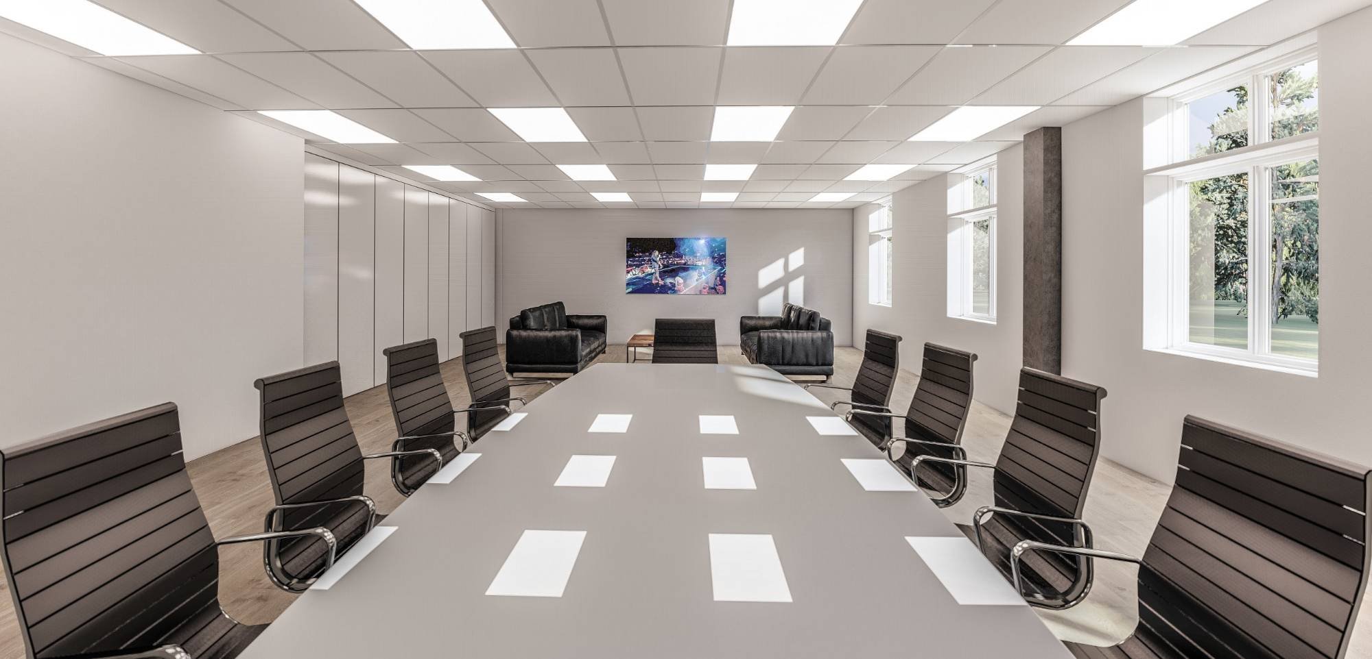 Comprehensive portfolio collage showcasing a corporate office renovation by Lindsey Architects, featuring multiple workspace zones including open-concept collaborative workstations, private offices with frosted glass partitions, a modern boardroom wi