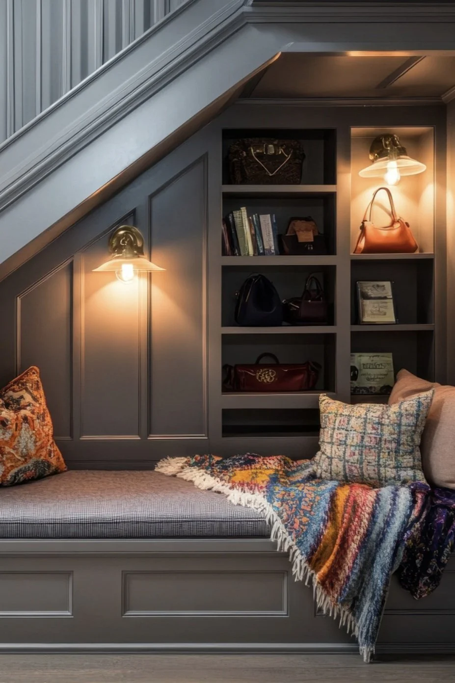 Custom under-stair reading nook with built-in window seat, navy paneled millwork, and integrated shelving designed by Lindsey Architects.