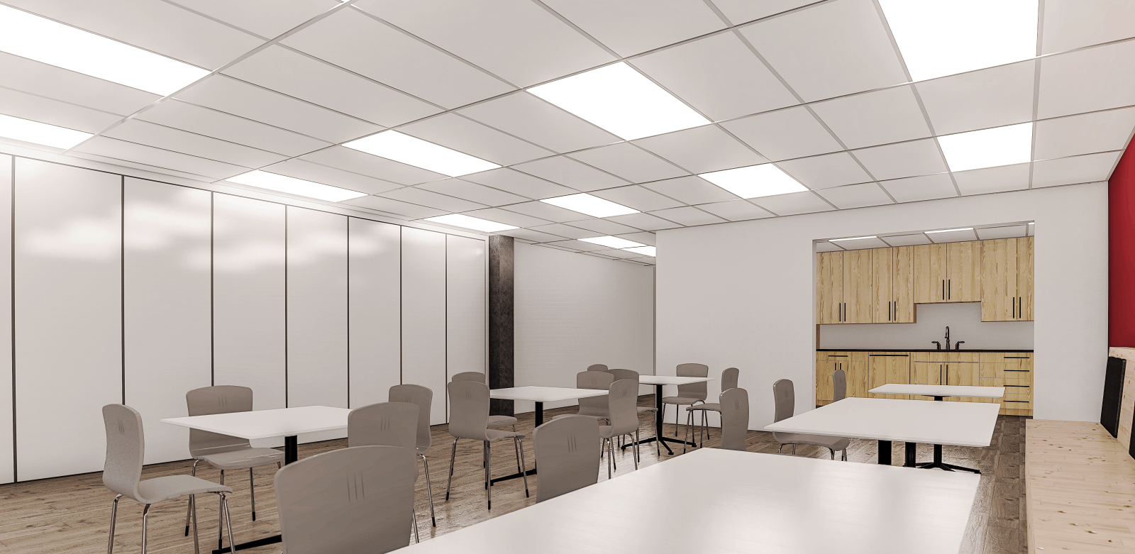 Comprehensive portfolio collage showcasing a corporate office renovation by Lindsey Architects, featuring multiple workspace zones including open-concept collaborative workstations, private offices with frosted glass partitions, a modern boardroom wi