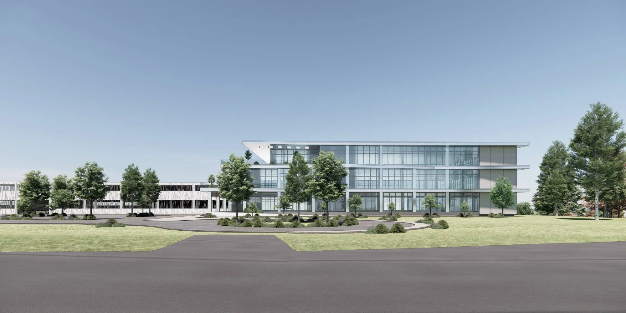 Modern corporate campus with three-story glass office building, integrated facility wings, and landscaped grounds — master plan concept by Lindsey Architects, Maine, NH, MA.
