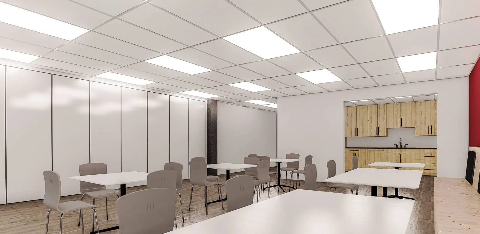 Comprehensive portfolio collage showcasing a corporate office renovation by Lindsey Architects, featuring multiple workspace zones including open-concept collaborative workstations, private offices with frosted glass partitions, a modern boardroom wi