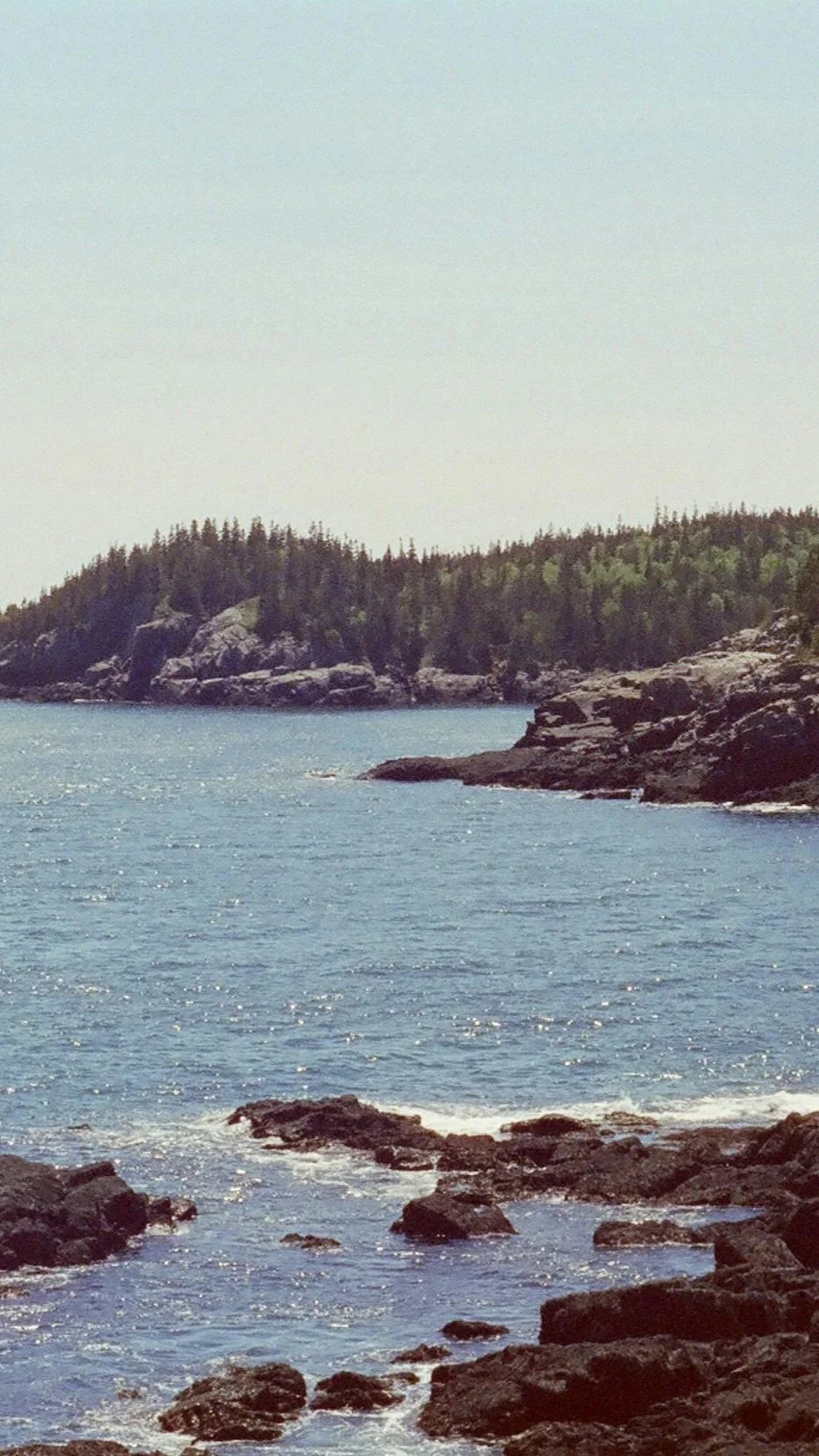 Rocky Maine coastline with crashing waves, evergreen-topped granite ledge, and open sky — illustrating the elemental coastal conditions Lindsey Architects designs custom homes to withstand in Southern Maine.