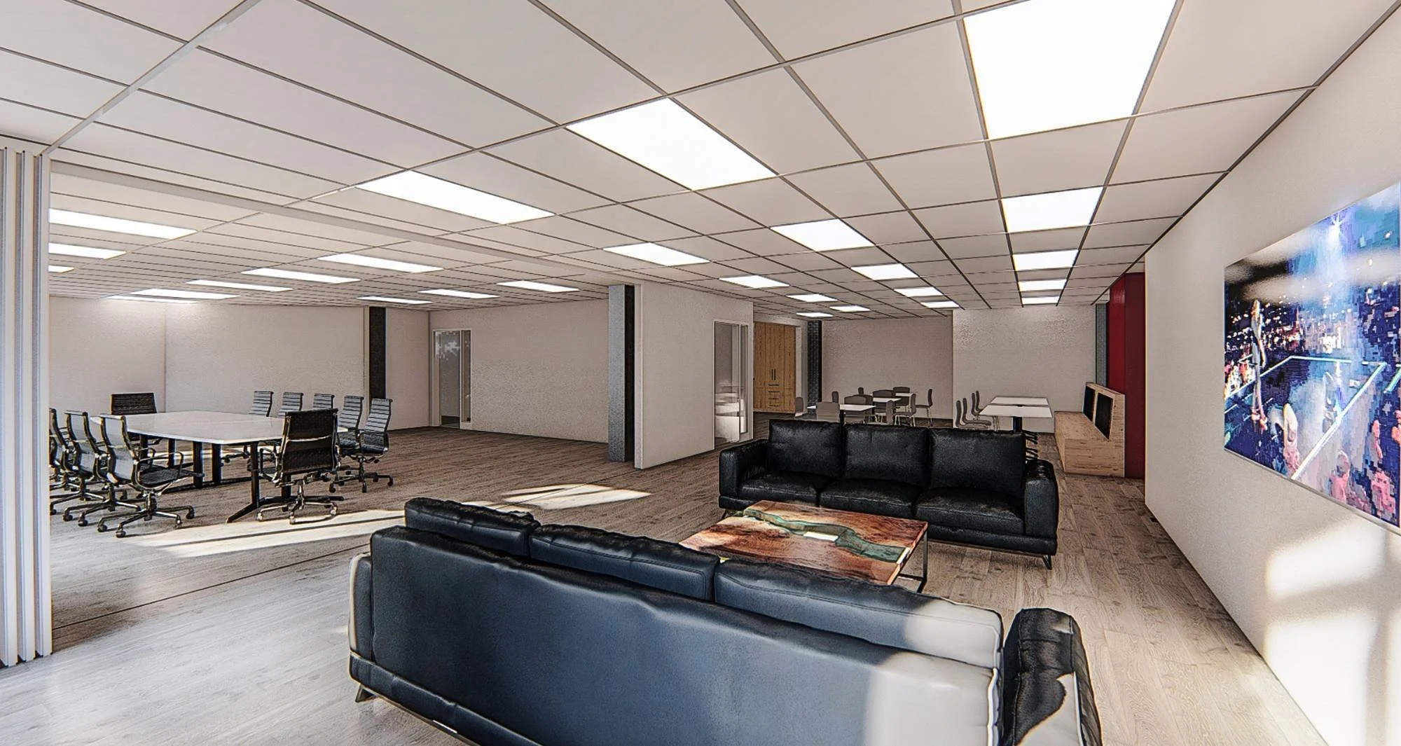 Modern corporate office multi-purpose space featuring an informal lounge area with contemporary black leather sofas, an adjoining conference and meeting zone, recessed LED panel lighting, durable commercial-grade flooring, large-scale wall art, and a