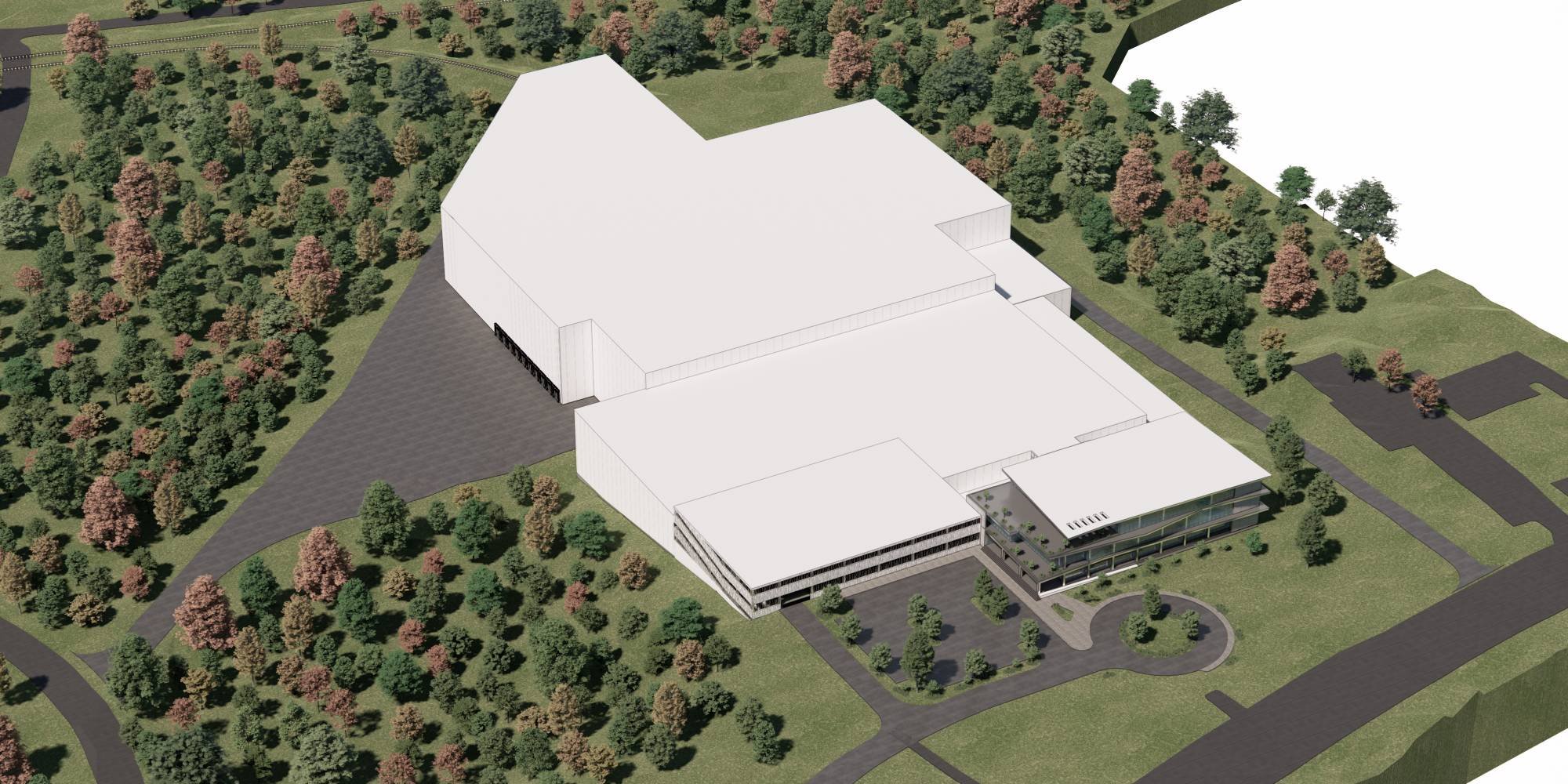 Aerial view of a large building complex surrounded by trees and greenery, with paved pathways and parking areas. Architectural render.
