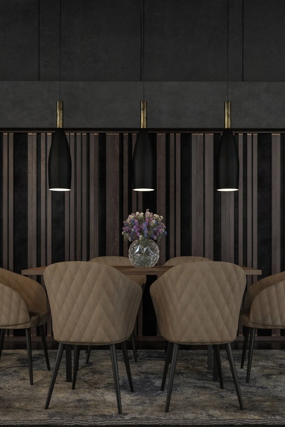 Dramatic custom dining room with vertical wood slat paneling, sculptural black pendant lights, and brown upholstered chairs designed by Lindsey Architects.