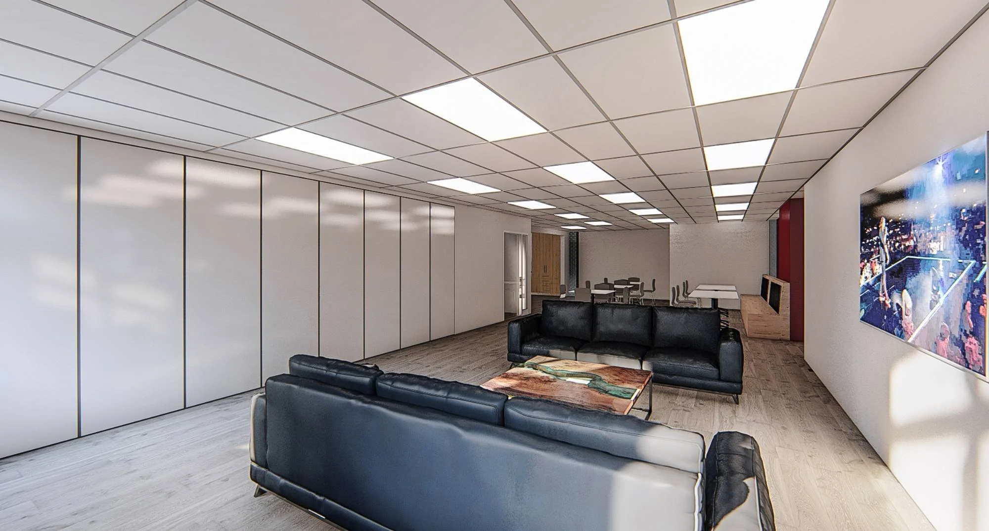 Modern corporate office lounge and informal meeting area featuring contemporary black leather sofas, sleek frosted glass partition walls for private offices, recessed LED panel lighting, durable commercial-grade flooring, and large-scale wall art cre