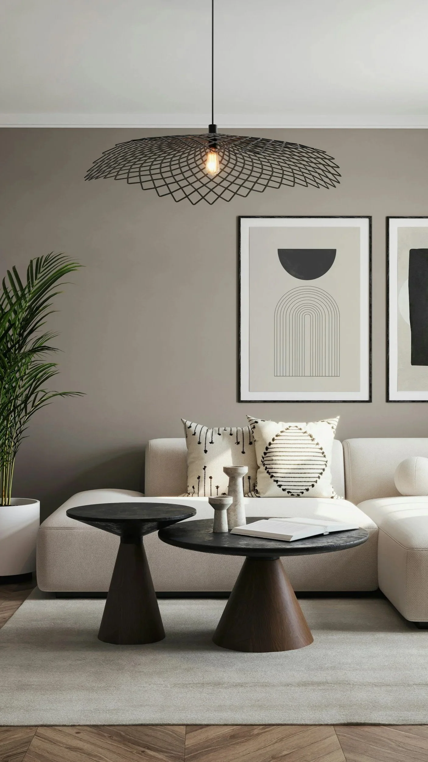 Layered rugs, clustered pendant lighting, and oversized accessories creating balanced interior proportion — design guidance from Lindsey Architects, serving Maine, NH, and the New England seacoast.