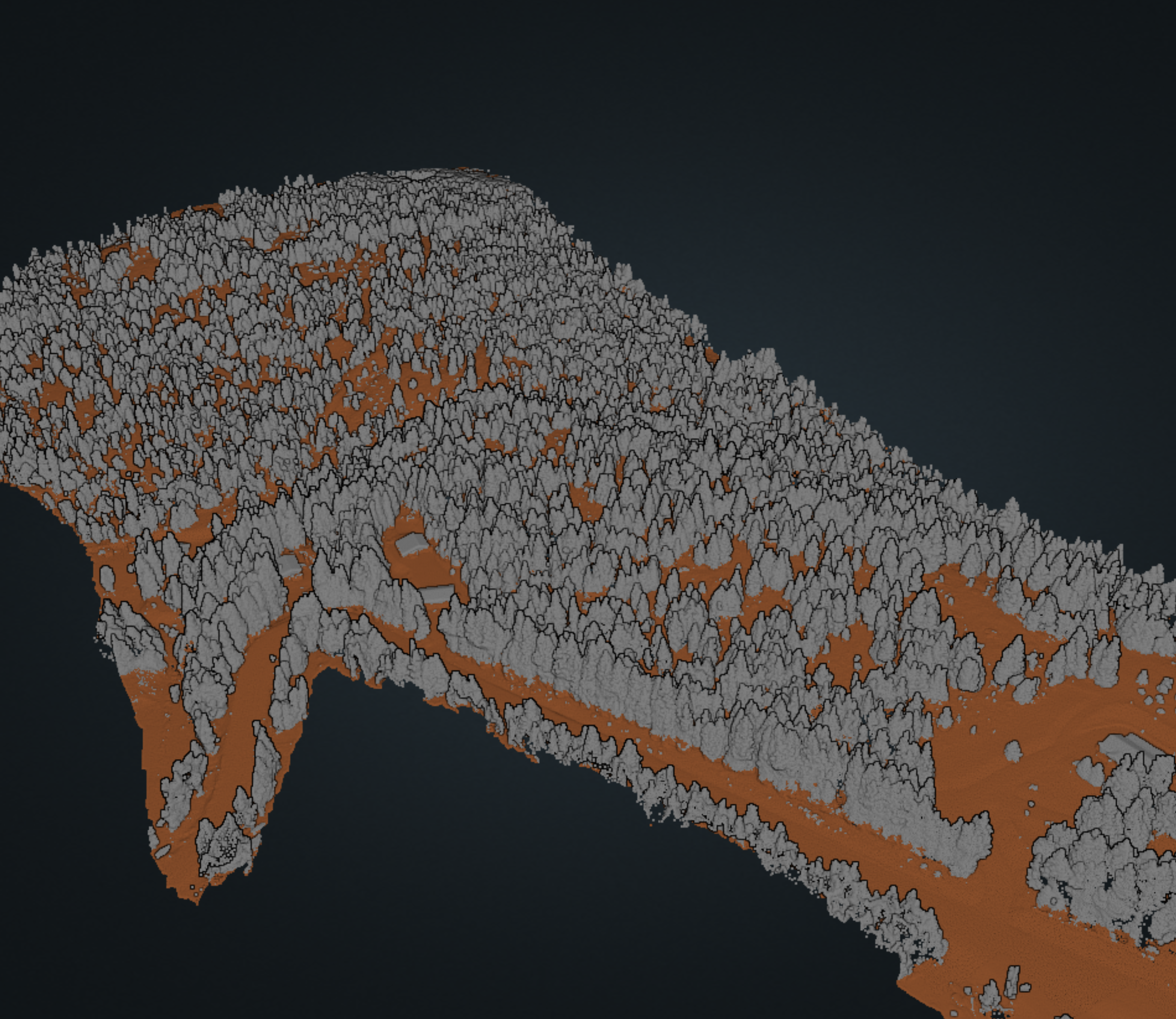 3D topographic map showing a terrain with dense forested areas in gray and pathways or clearings in brown, viewed from above.