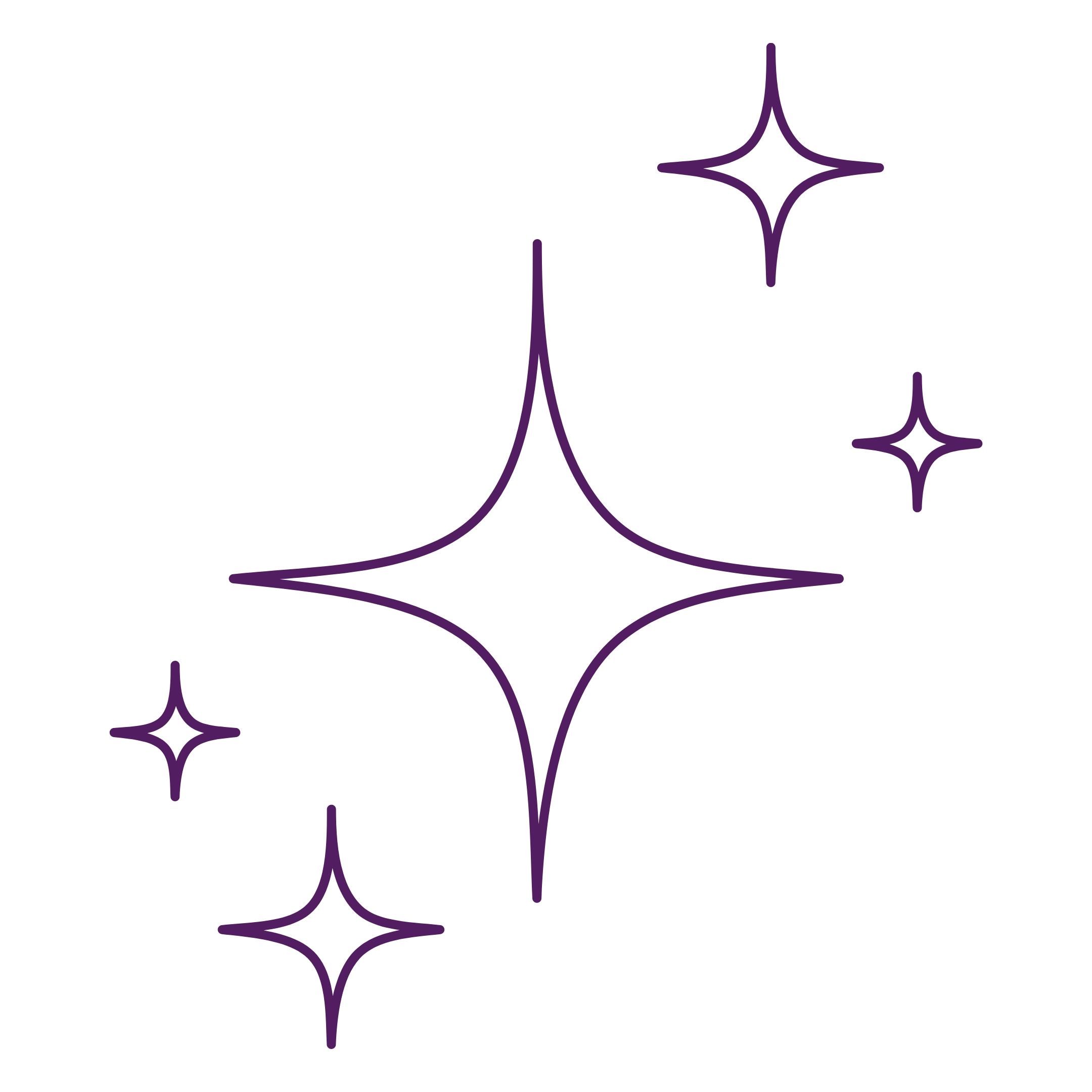Black background with purple star-shaped sparkles and abstract lines.