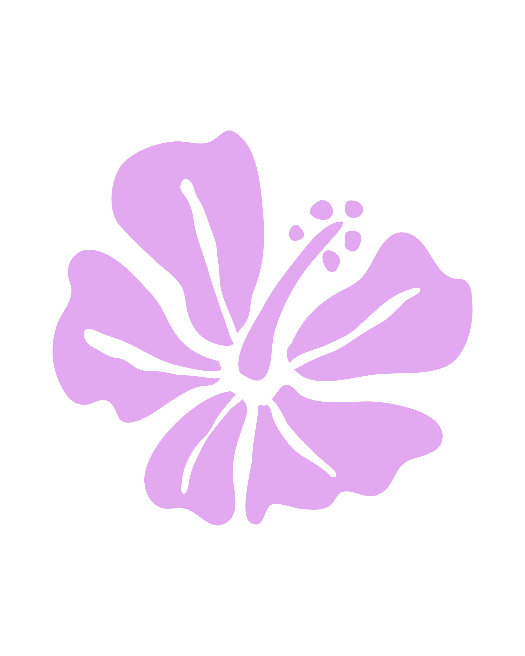 A stylized illustration of a purple flower with large petals and small flower buds on a black background.