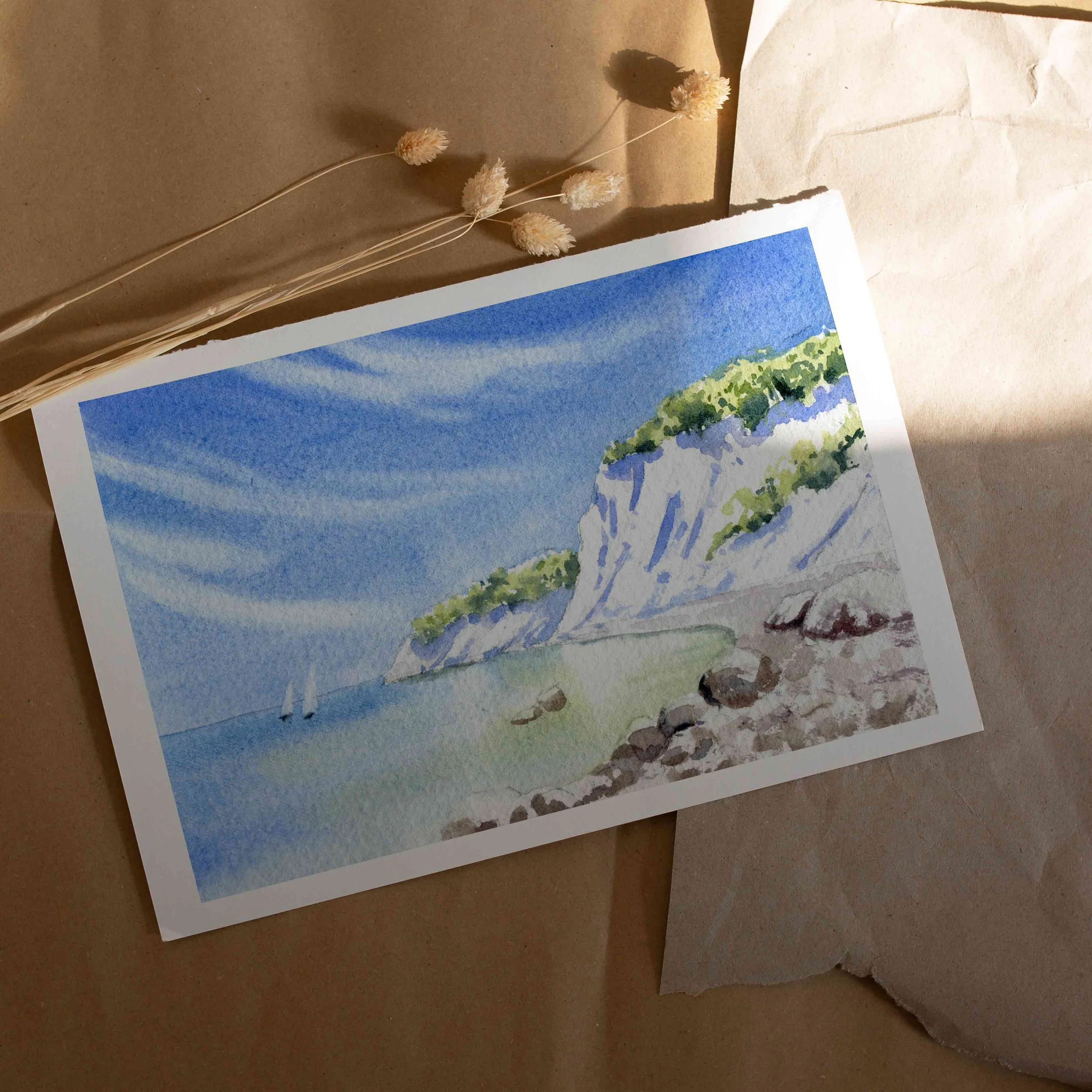 Zwei Segler vor der Steilküste 14 x 9 cm, Passepartout 24 x 18cm