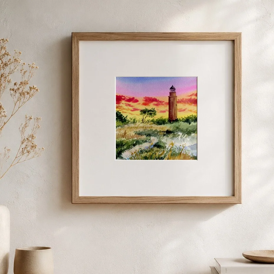 Leuchturm Hiddensee Abendstimmung, 20 x 20, Passepartout 30 x 30cm