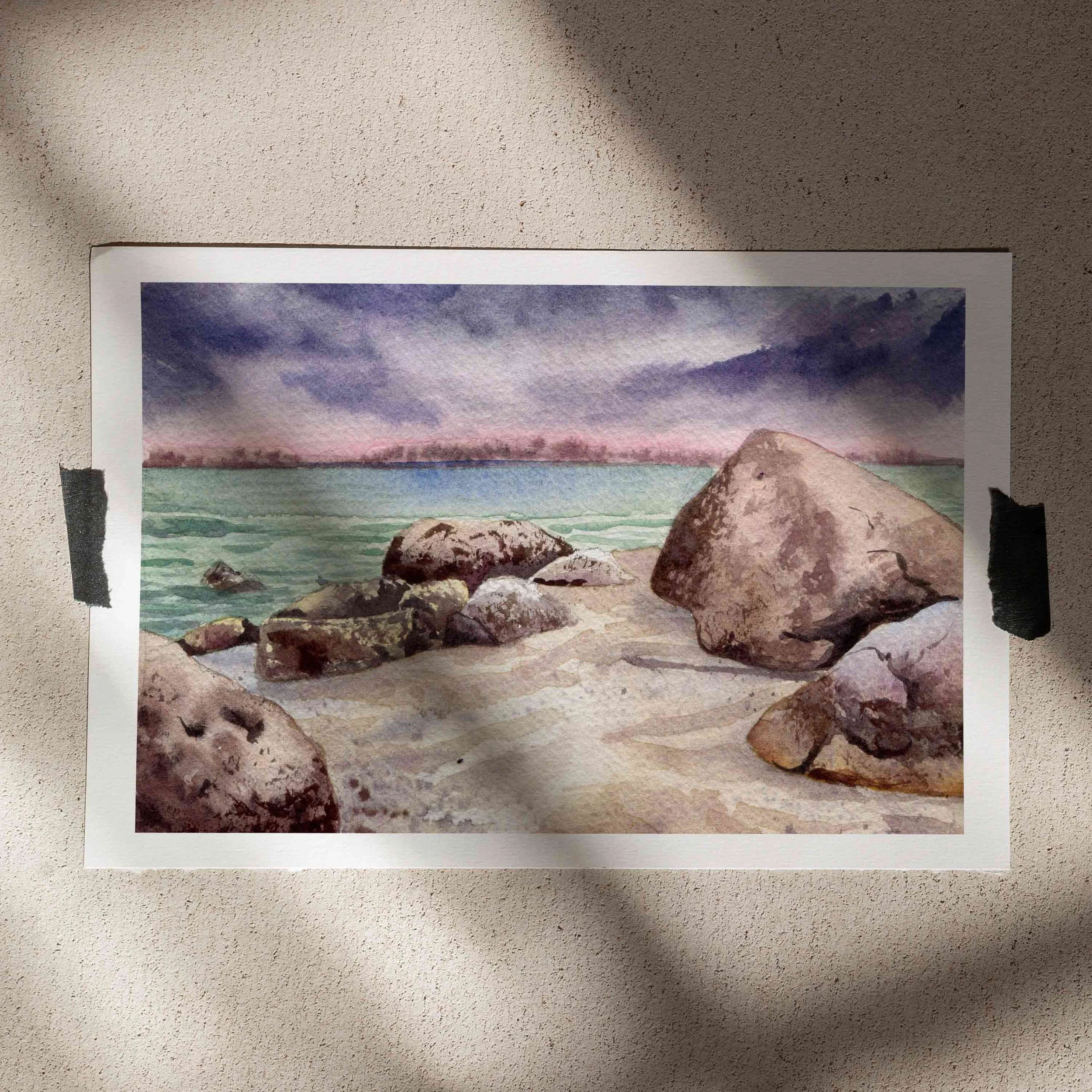 Steine am Sund quer, 14 x 9 cm, Passepartout 24 x 18cm