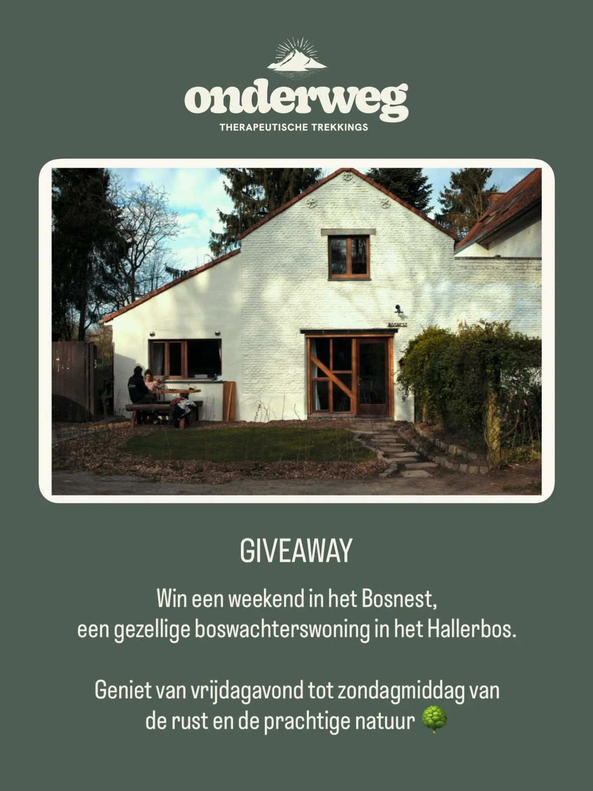 WIN WIN WIN
Onderweg bestaat op 28 februari exact 1 jaar en omdat niet iedereen een week mee kan op therapeutische trekking, probeerde ik een aantal elementen van Onderweg in een cadeautje wat dichter bij huis te verpakken.

Je maakt kans op een verb