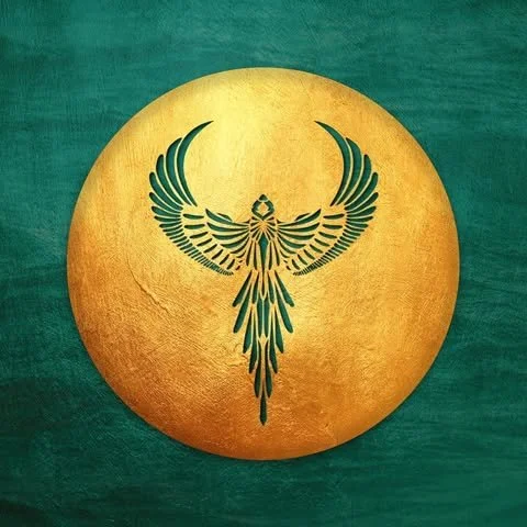 Gold circular badge with a green stylized phoenix symbol on a green background.