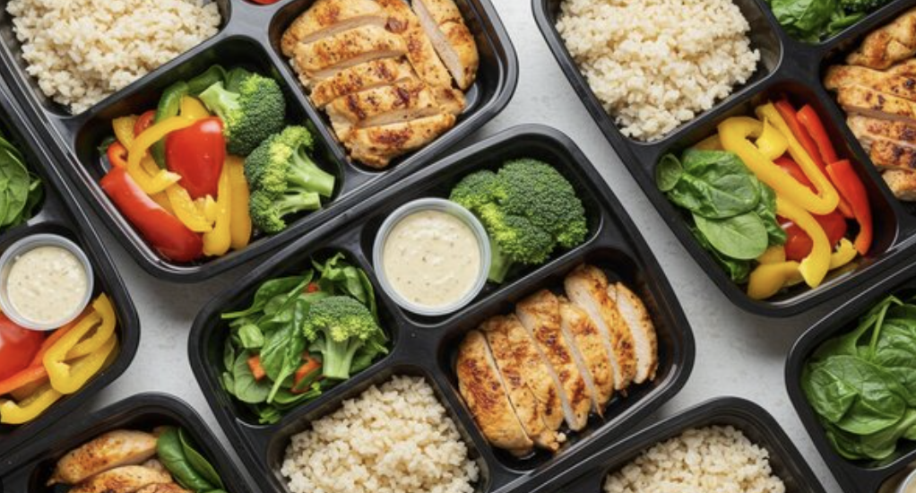 Meal prep containers with grilled chicken, white rice, steamed broccoli, spinach, and mixed bell peppers, some with creamy dressing.