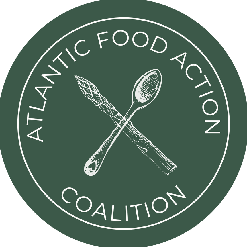 A circular logo with a dark green background, featuring a drawing of a spoon and a knife crossed in the center. The text surrounds the drawing, reading "Atlantic Food Action" at the top and "Coalition" at the bottom.