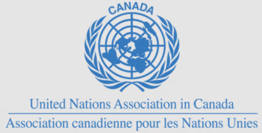 Logo of the United Nations Association in Canada featuring a blue globe with a laurel wreath and the word 'Canada' at the top, with text below in English and French.