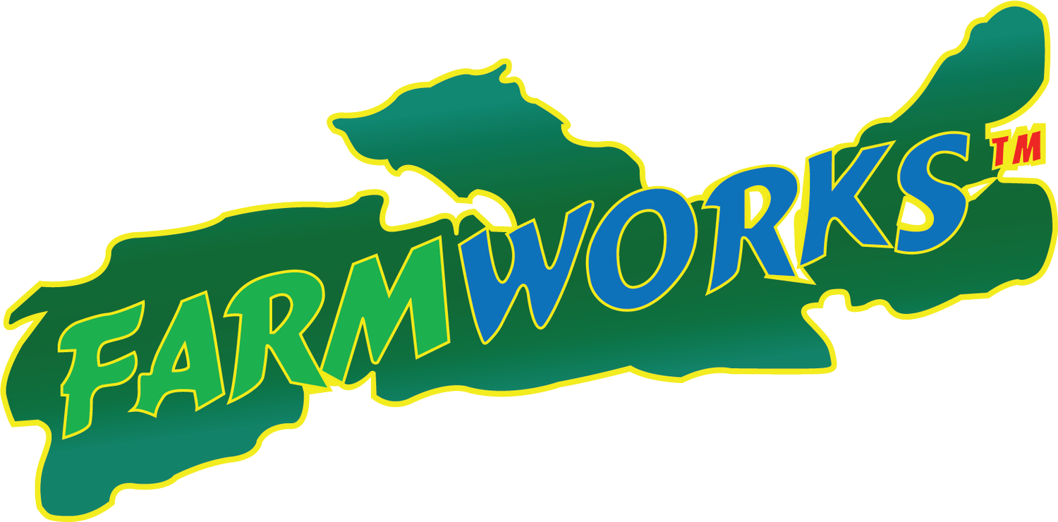 Farmworks logo with green leaf-shaped background, yellow outline, and blue and yellow text.