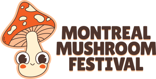 Cartoon mushroom with smiling face, large eyes, and blush marks, next to the text 'Montreal Mushroom Festival' in bold brown letters.