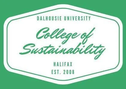 Logo for Dalhousie University College of Sustainability, Halifax, established 2008, in green and white.