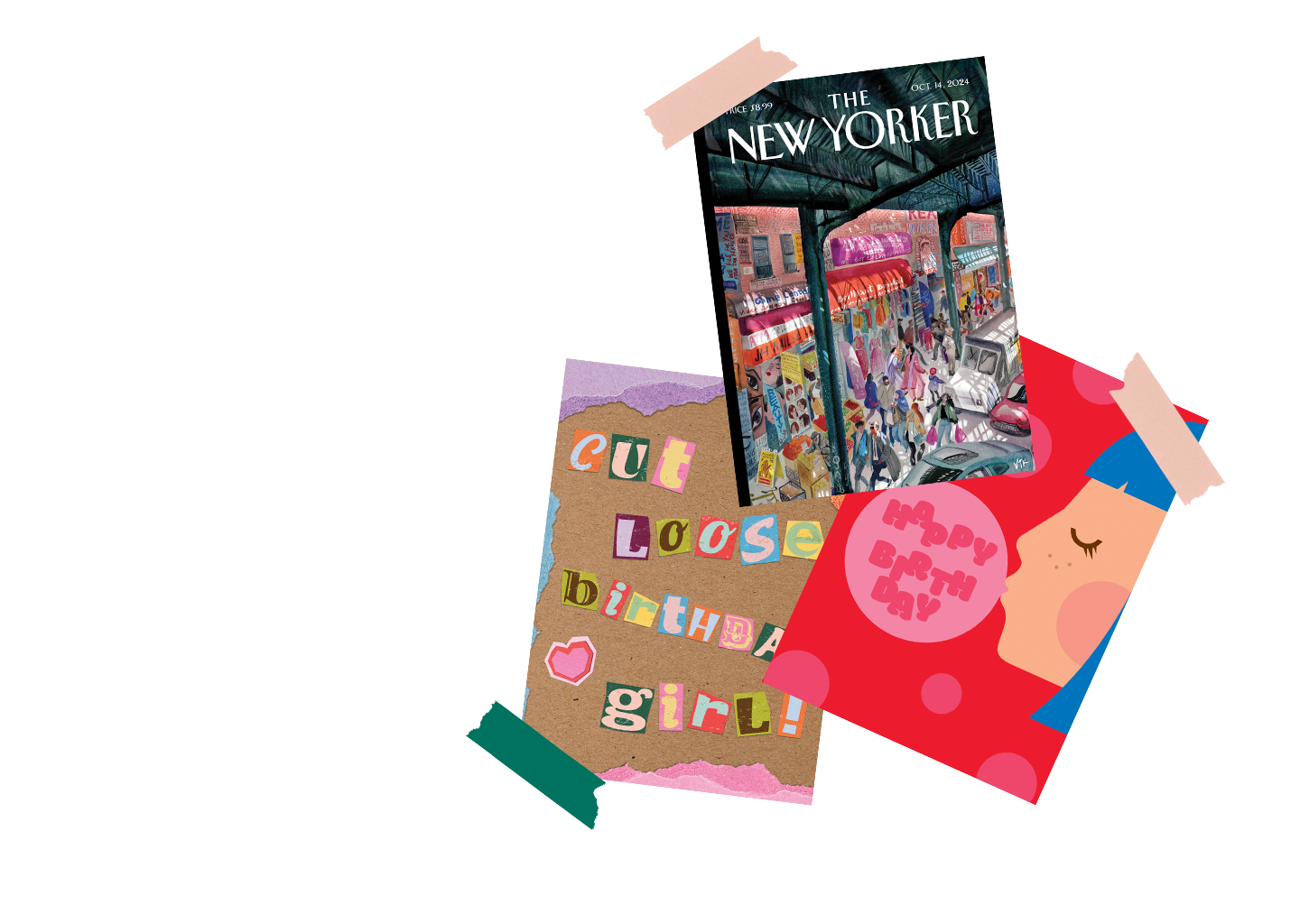 three greeting cards overlayed together