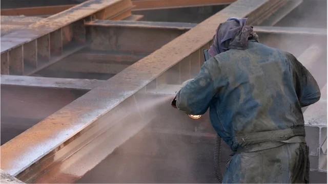 Worker welding or grinding metal beam on construction site, wearing protective gear.