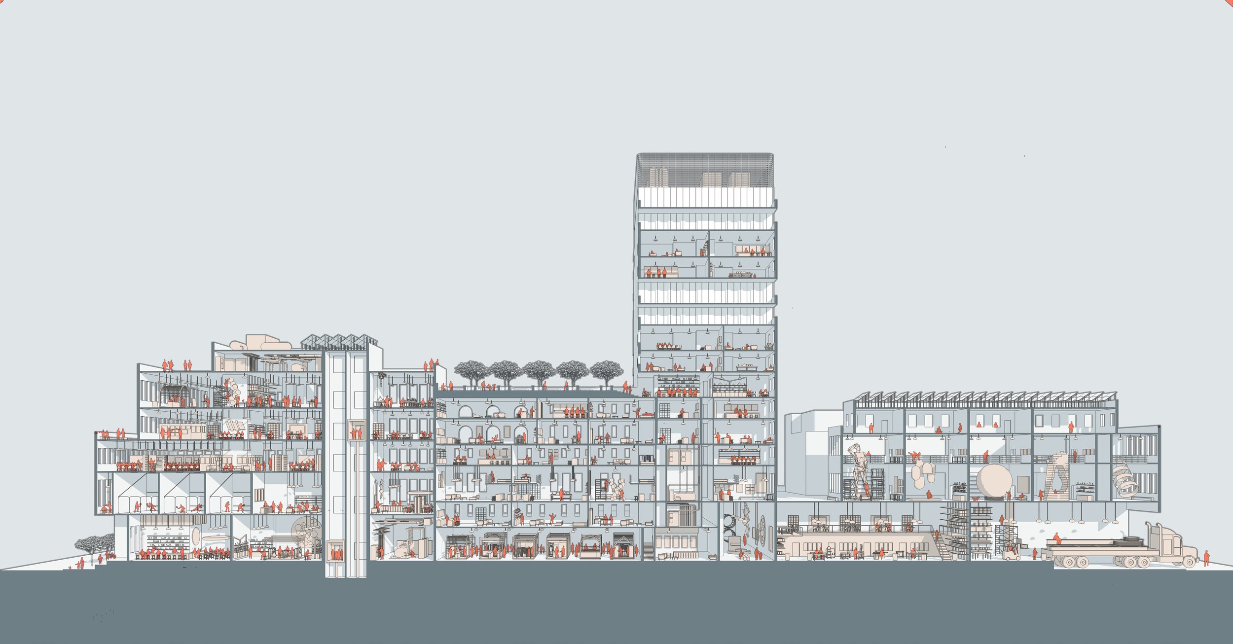 Cross-section architectural illustration showing a complex, multi-story building with various rooms, activities, trees on a terrace, and people interacting. The design includes diverse spaces for different functions.