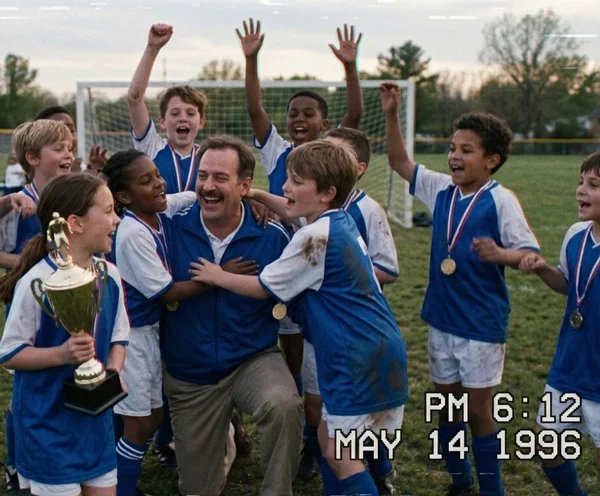 Youth soccer team celebrating a trophy win with their coach, the kind of milestone moment perfect for digitizing.
