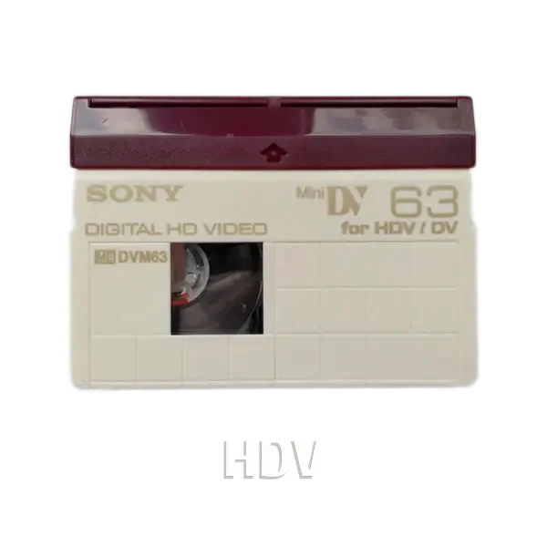 A vintage Sony mini DV tape labeled 'Mini DV 63' for HDV and DVC recording