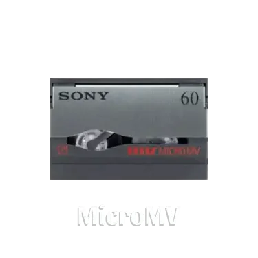 Picture of a MicroMV video camcorder tape from the top down. Sony written on the front