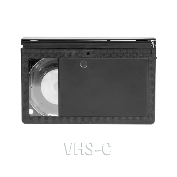 A black mini VHS-C camcorder with a built-in viewfinder and a small circular lens, labeled VHS-C.