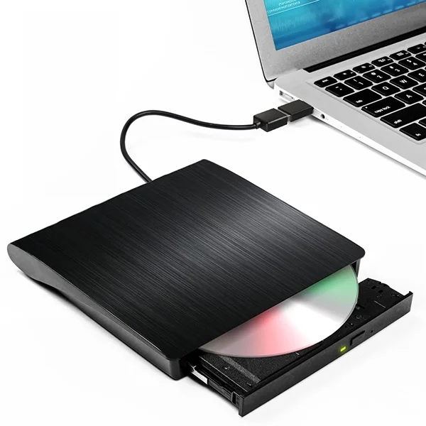 External USB DVD drive connected to a laptop, the type of hardware needed to rip DVDs to digital files at home.