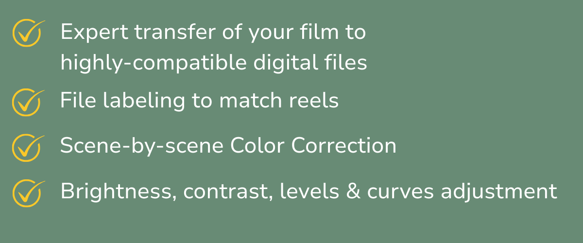 Bullet list with check marks: Expert film transfer to digital files, file labeling to match reels, scene-by-scene color correction, and brightness, contrast, levels, and curves adjustment.
