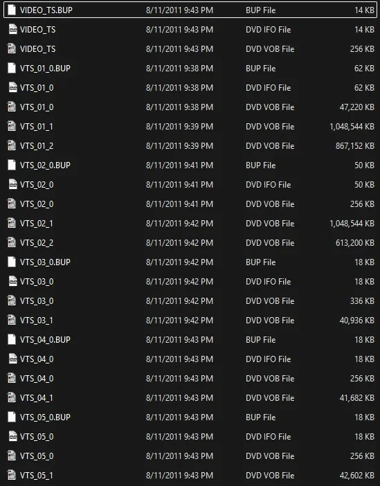 DVD VIDEO_TS folder showing VOB, IFO, and BUP files - the complex file structure you have to navigate when ripping DVDs yourself.