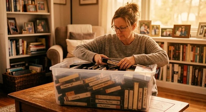 Woman organizing family video tapes at home, preparing memories to be digitized.