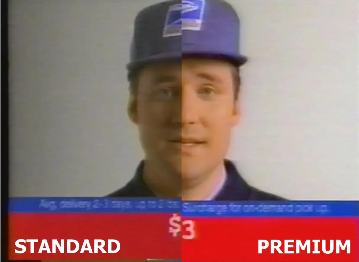 Comparison of a man wearing a USPS uniform with different visual quality: standard on the left, premium on the right.