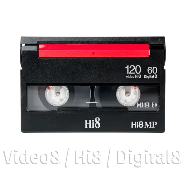 A black 8mm tape with a red label and white text indicating original recording length of 120 minutes