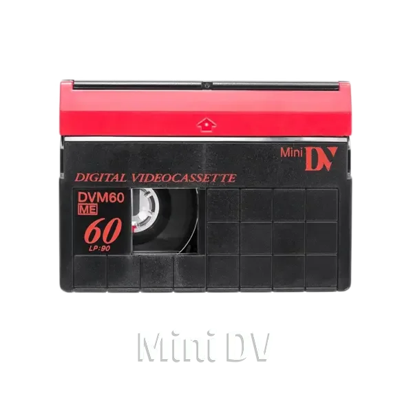 A vintage mini digital video cassette tape labeled 'Mint DV' with a red and black design.