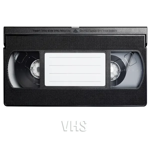 A VHS cassette tape with a white label in the center and the word 'VHS' written beneath it.