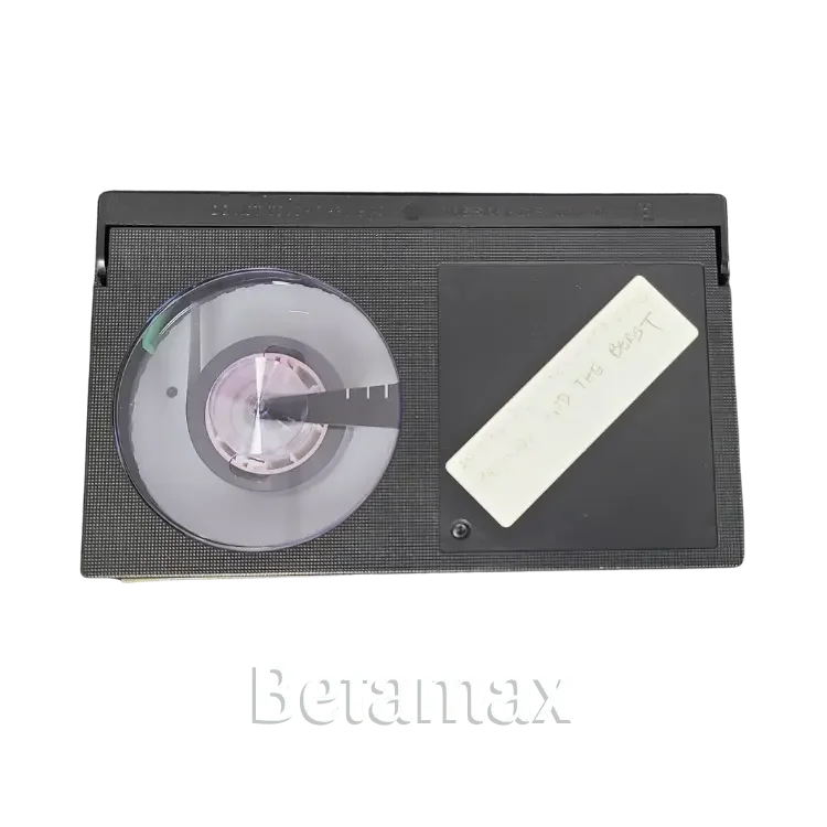 A Betamax videocassette tape with a black plastic case and a round spool on the left side, used for recording and playing video and audio.