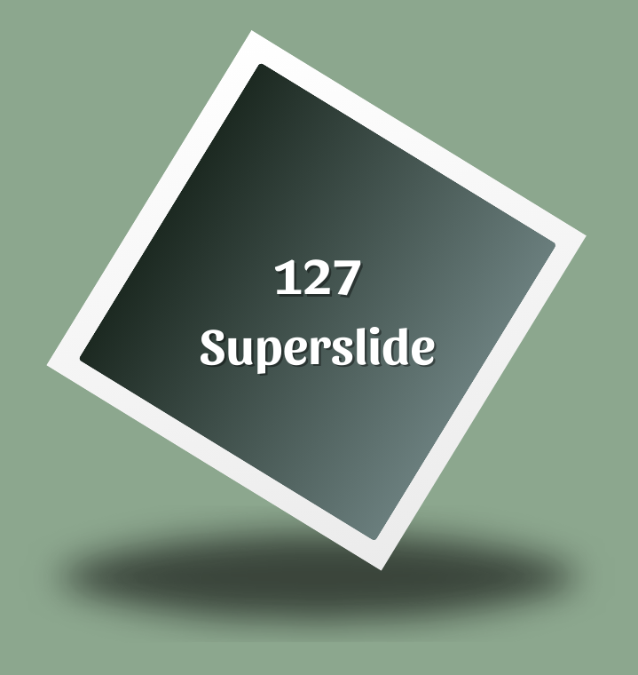 Rotated square icon with text '127 Superslide' on a gradient background