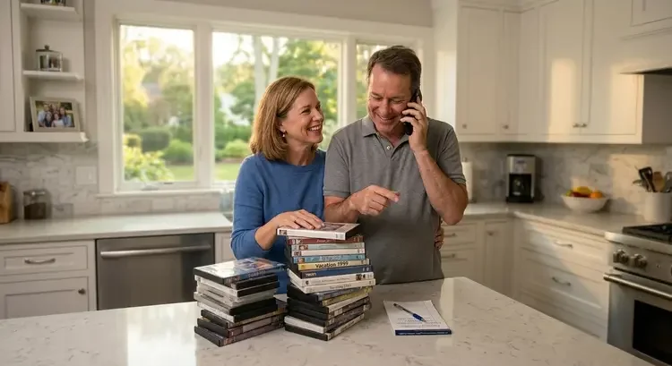 Couple organizing DVDs and speaking with a media digitization service by phone